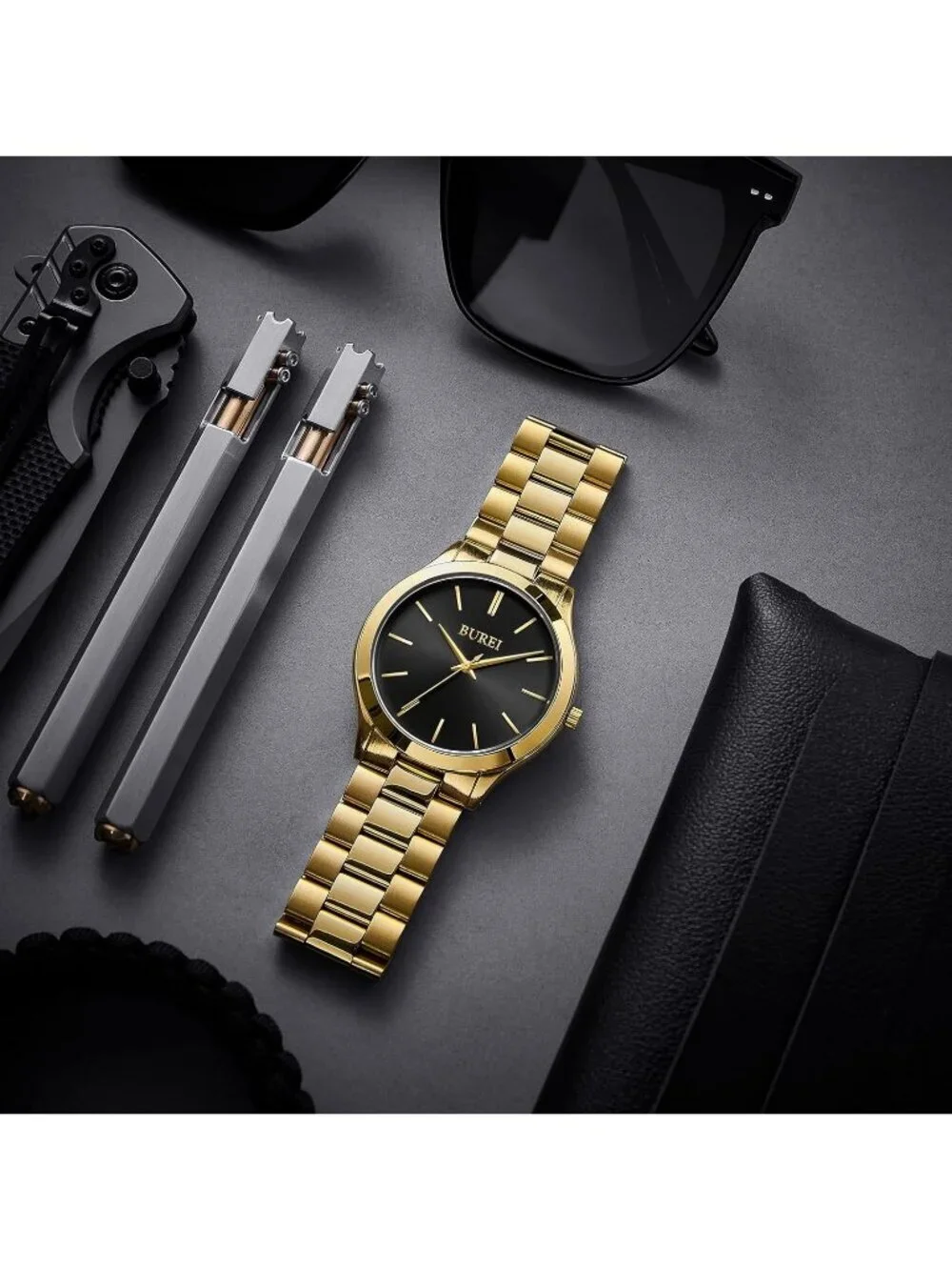 Men's Gold Black Analog Quartz Stainless Steel Waterproof Round Luxury Watch